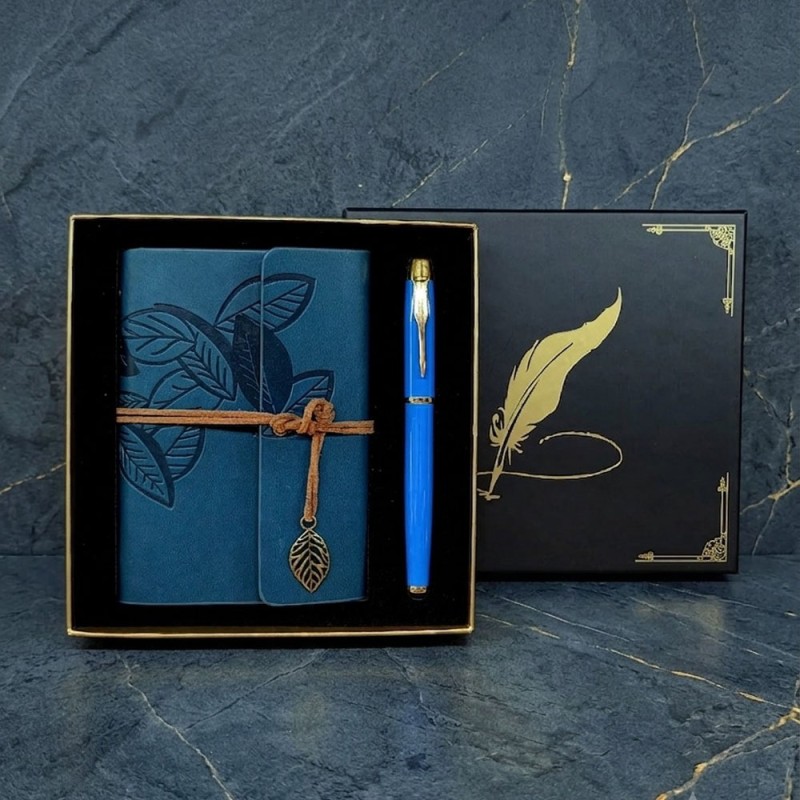 Toptan Metal Kalem ve Mavi Deri Defter