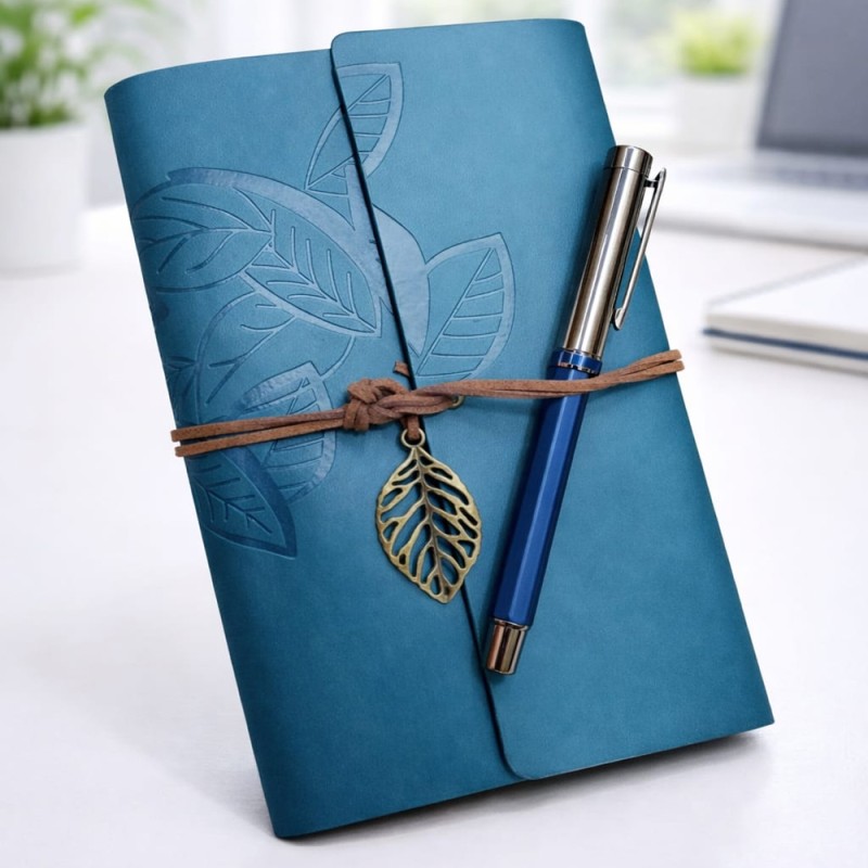Toptan Yaprak Desenli Deri Defter Ve Lacivert Metal Roller Kalem Seti