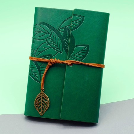 Toptan Yeşil Deri Kapaklı Yaprak Desenli Defter