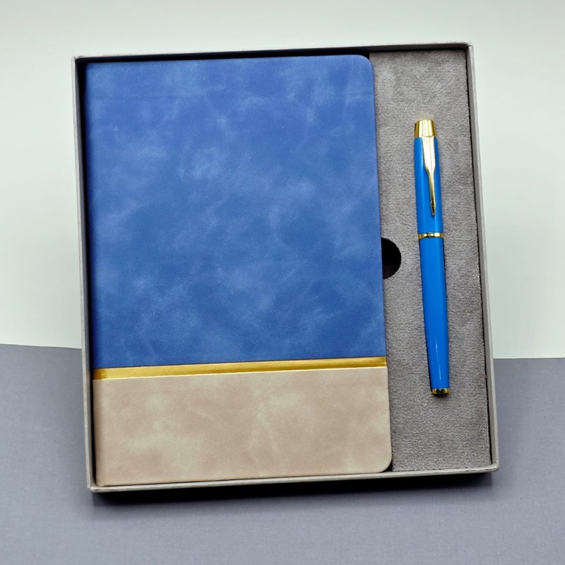 Toptan Gold Şeritli Mavi Defter Ve Kalem Seti