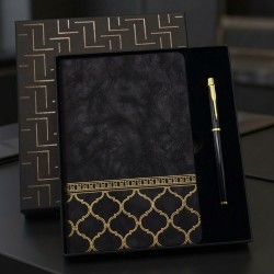 Toptan Gold Desen Siyah Deri Defter Kalem Set