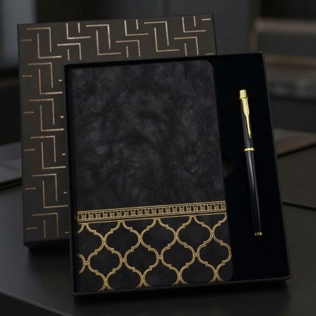 Toptan Gold Desen Siyah Deri Defter Kalem Set