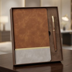Toptan Kutulu Altın Şeritli Deri Defter Ve Kahverengi Metal Roller Kalem Set